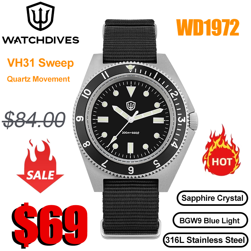 Vintage Collectible Watches - Watchdives WD1972 ساعة كوارتز VH31 سويب